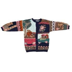 Vintage 90s Together! Knit Cardigan Sweater Teddy Bears Floral Women's S Grandma